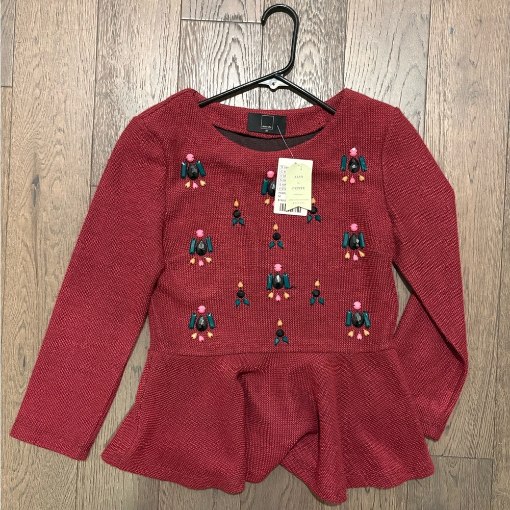 Dolce Vita Red Sweater Blouse with Jeweled Embroidery